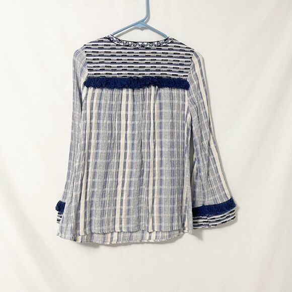 🟢Sugar + Lips Cream & Blue Woven Blouse XS - Picture 7 of 9